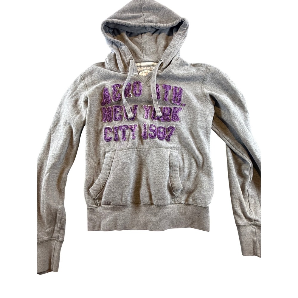 Aeropostale Womens XL Gray Purple AERO ATH NYC 1987 Applique Pullover Hoodie